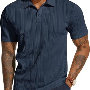 Mens Textured Knit Polo Shirts Regular Fit Stretchy Golf Shirts