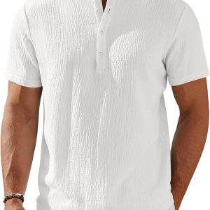 Men's Henley Shirt Short Sleeve Stand Collar Summer Casual Beach Hippie T-Shirts