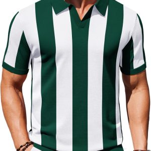 Mens Knit Polo Shirts V Neck Short Sleeve Stretch Polo T Shirt Casual Golf Shirts
