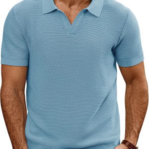 Mens Polo Shirts Short Sleeve Casual V Neck Ribbed Textured Knit Polo Shirt